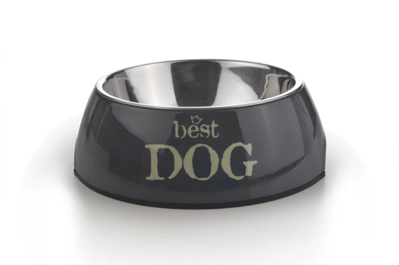MELAMINE EETBAK ROND BEST DOG GRIJS 14 X 4,5 CM